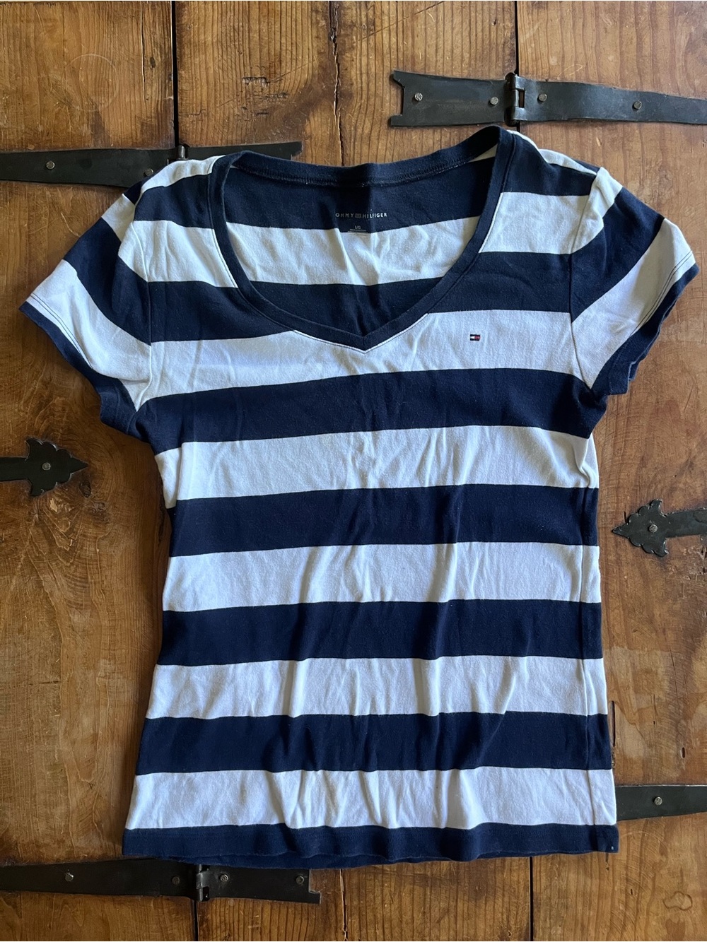 Tommy Hilfiger Navy and White Striped V-Neck Short Sleeve Tee